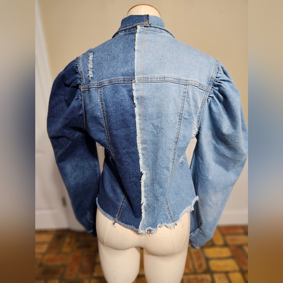 Denim Land Two Tone Distressed Puff Shoulders Denim Jacket Medium - Picture 3 of 4